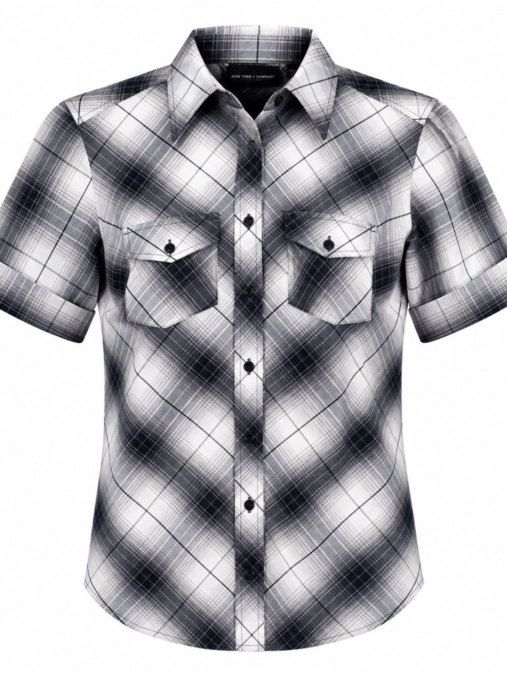 New York & Company Stretch Plaid Button Shirt XS Black Gray Short Sleeve